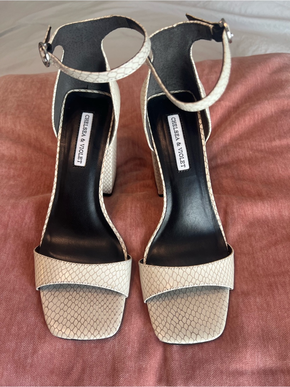 Chelsea & Violet Cream Snake-Print Block Heel Sandals
